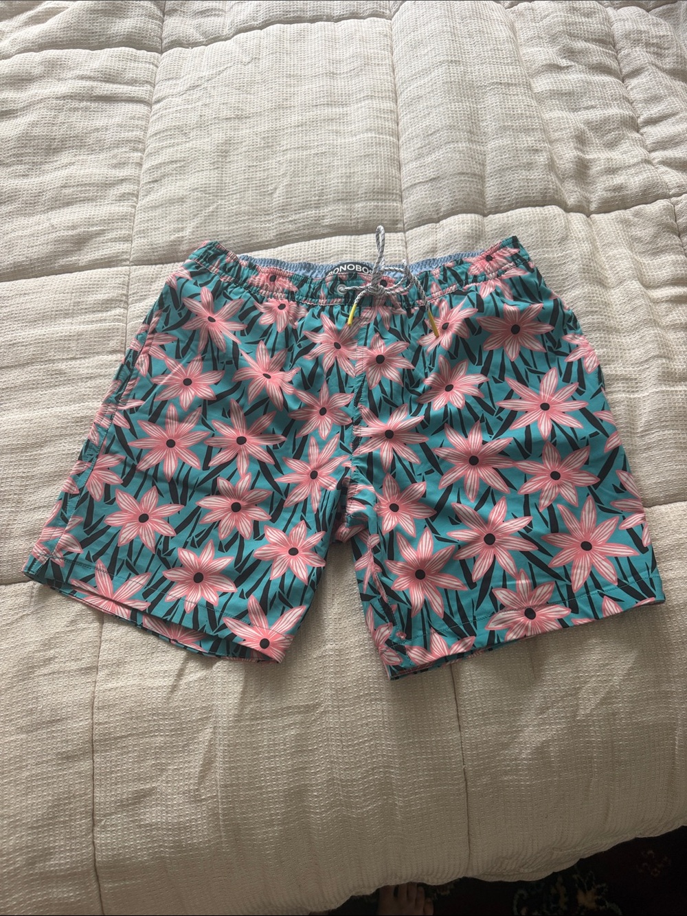 Bonobos Teal Swim Trunks with Pink Floral Print